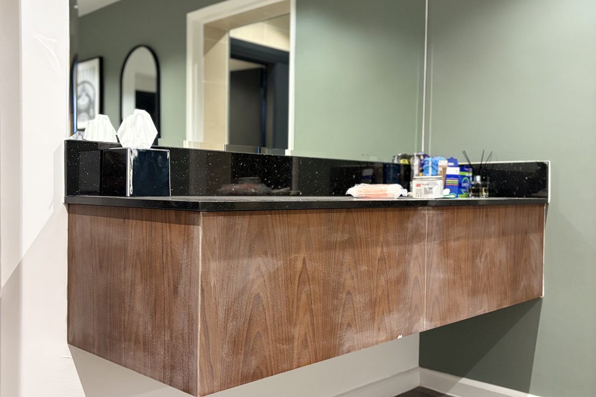 Commercial vanity sink unit before wrapping